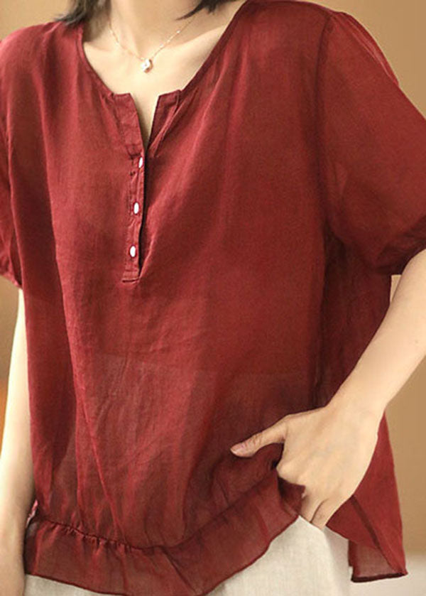 VCSHOES Solid Red V Neck Wrinkled Low High Design Linen Shirts Short Sleeve