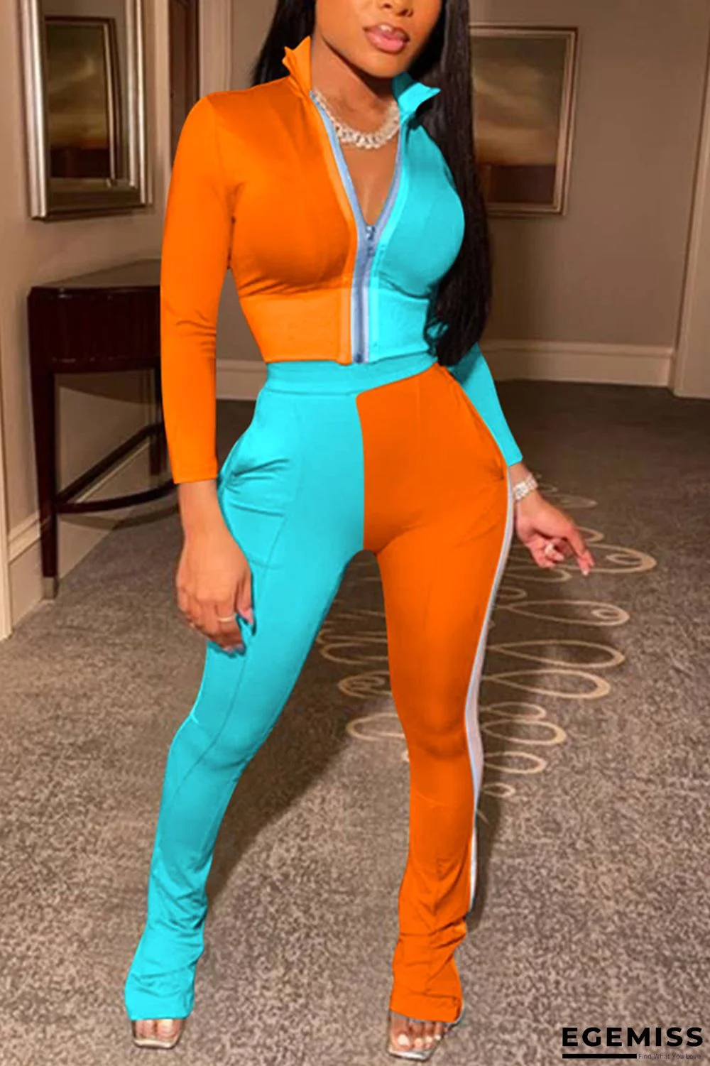 Orange venetian Fashion Casual adult Ma'am Patchwork Solid contrast color Two Piece Suits Straight Long Sleeve Two Pieces | EGEMISS
