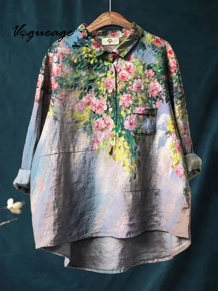 Elegant Romantic And Dignified Flowers Print Cotton And Linen Shirt