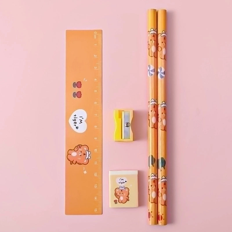 Student Learning Stationery Cartoon Pencil Eraser Ruler Pencil Sharpener Five-piece Set
