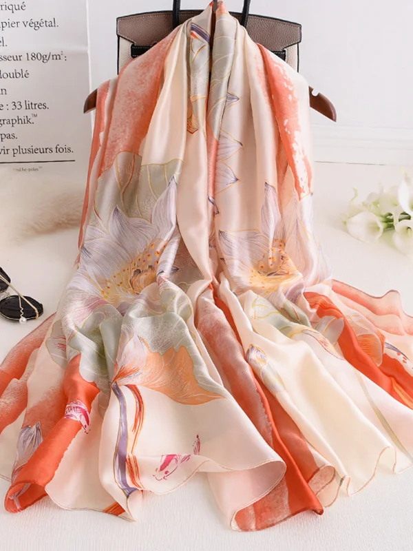 Vintage Floral Printed Silk Imitation Shawl Scarf