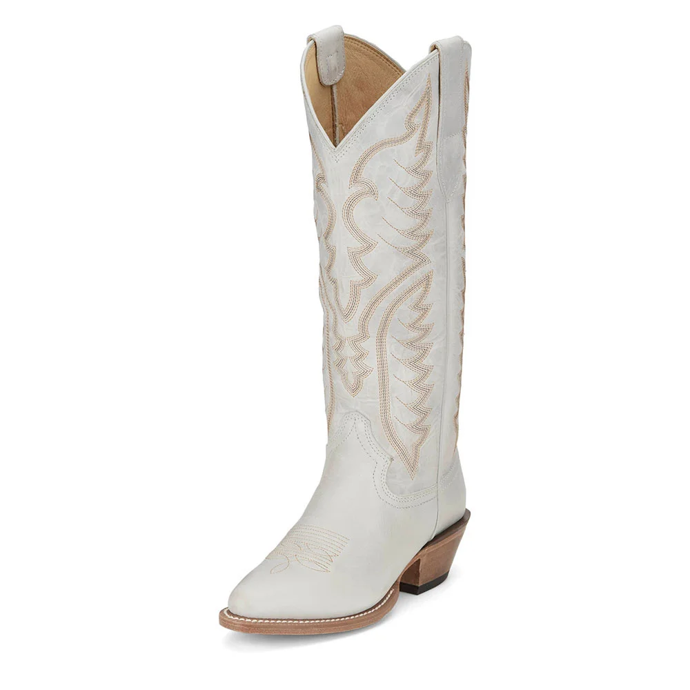 White Round Toe Chunky Heel Knee-High Cowgirl Boots with Embroidery
