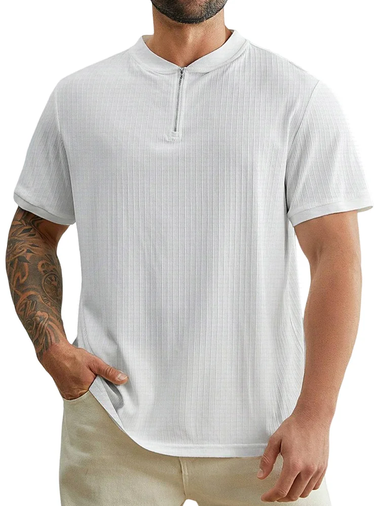 Men's Waffle Stripe Stand Collar Short Sleeve Polo Shirt
