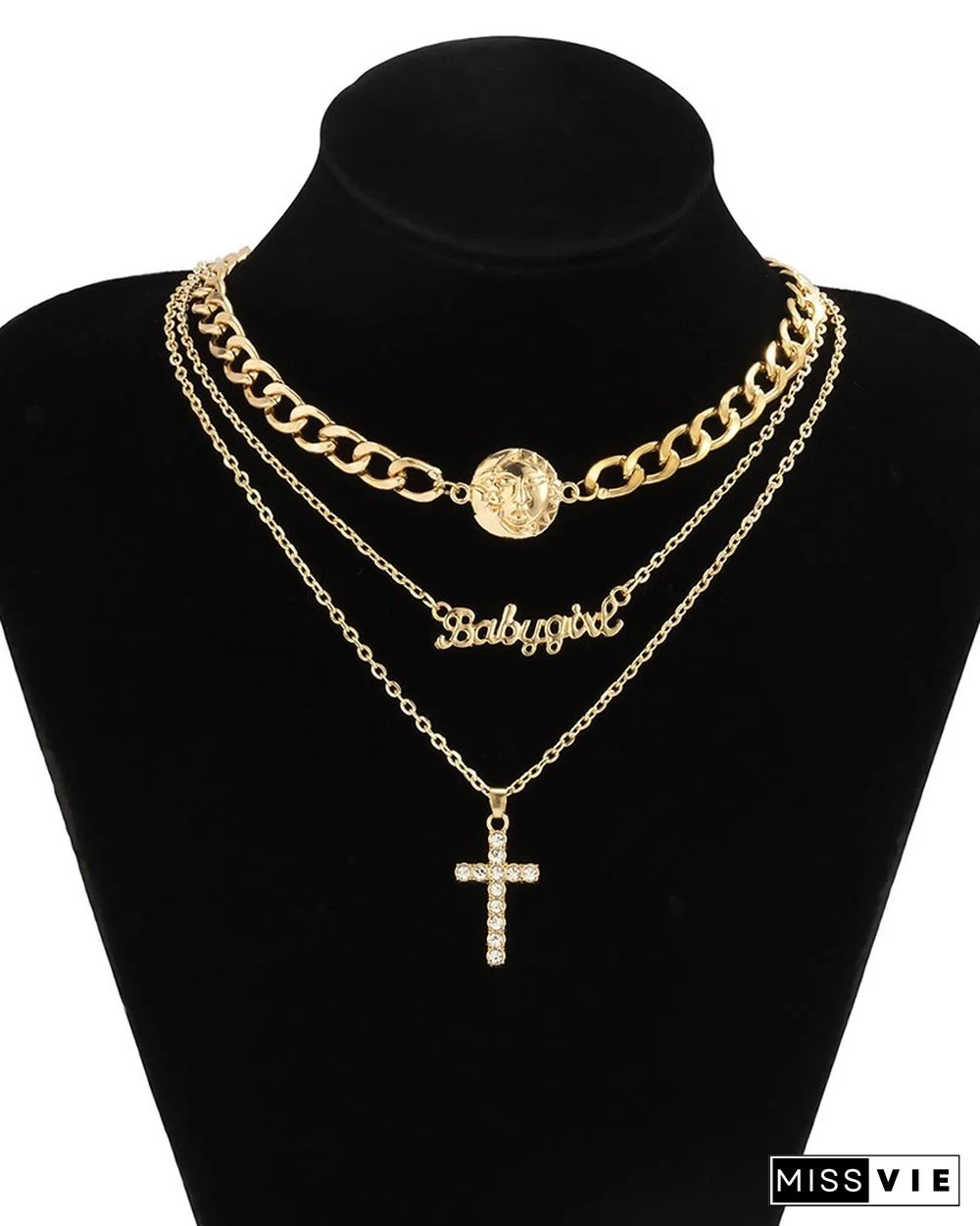 3PCS Coin & Letter & Studded Cross Pendant Layered Necklace