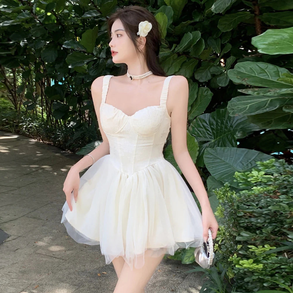 Women Retro Slit V neck Corset Strap Dress Bright Chiffon Spliced Wood ears Ruffle Hem Cake Mini Party Dresses Robe Aiertu