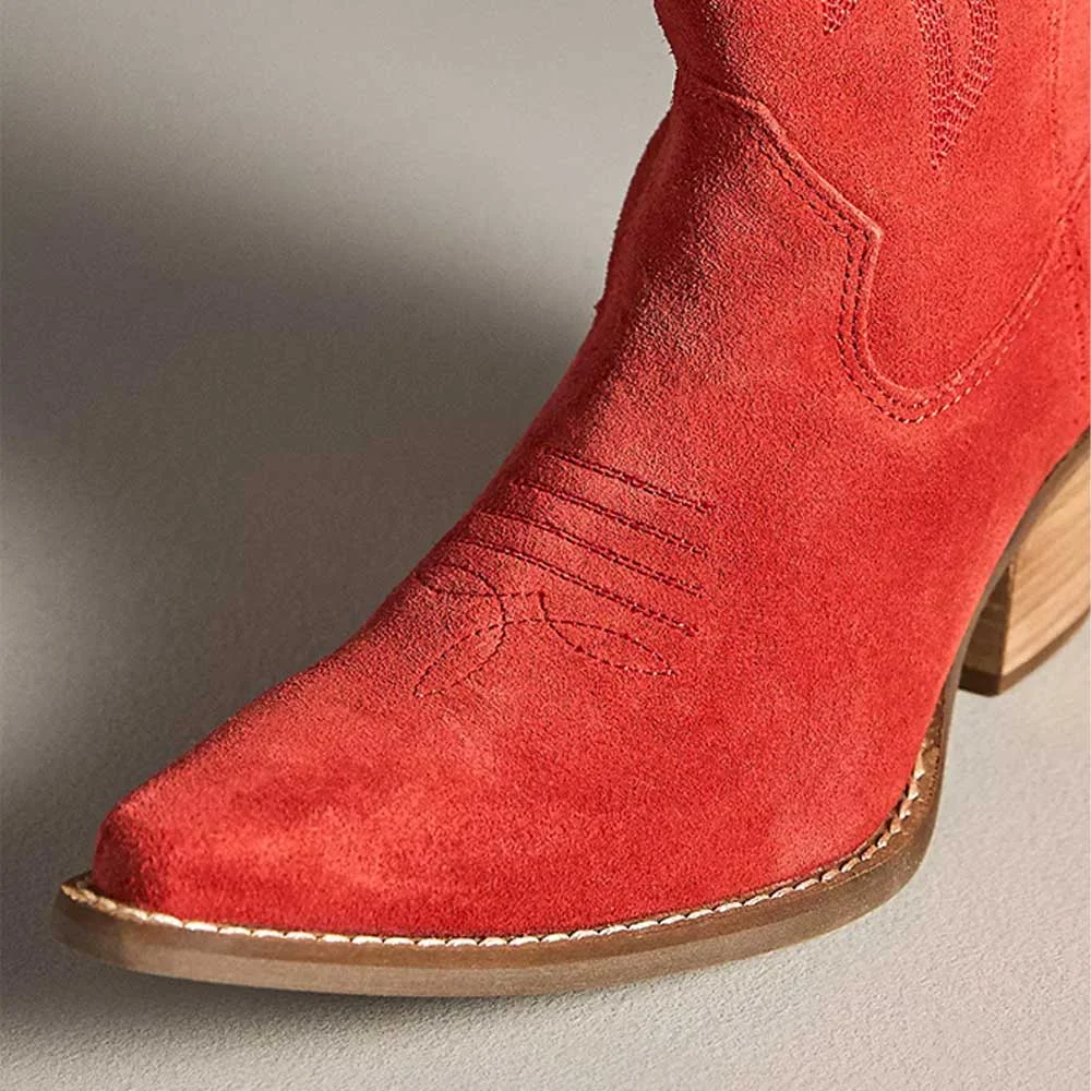Red Vegan Suede Block Heel Embroidered Women's Cowgirl Boots