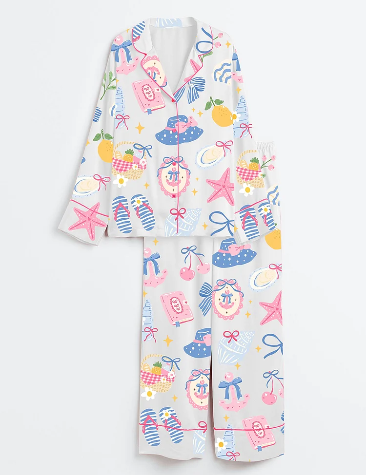 Women&rsquo;s Coastal Preppy Girl Summer Beach Coquette Girly Summer Beach Ocean Print Long Sleeve Satin Pajama Set
