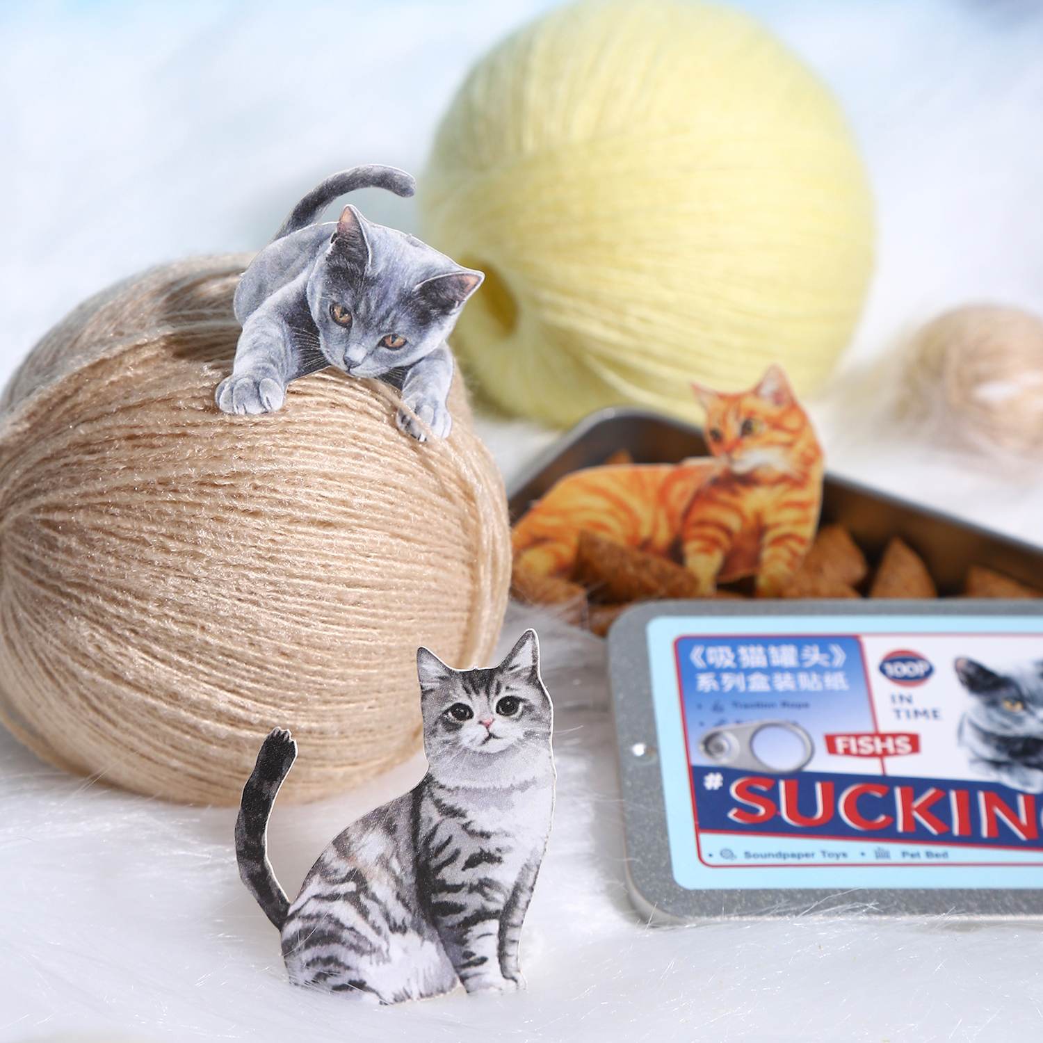 박스형 스티커 - 빨아먹는 고양이 캔 시리즈 귀여운 고양이 풍경