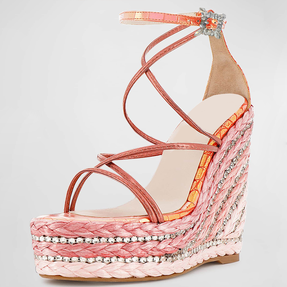Pink Espadrille Open Toe Wedge Heel Strappy Sandals with Rhinestone Nicepairs