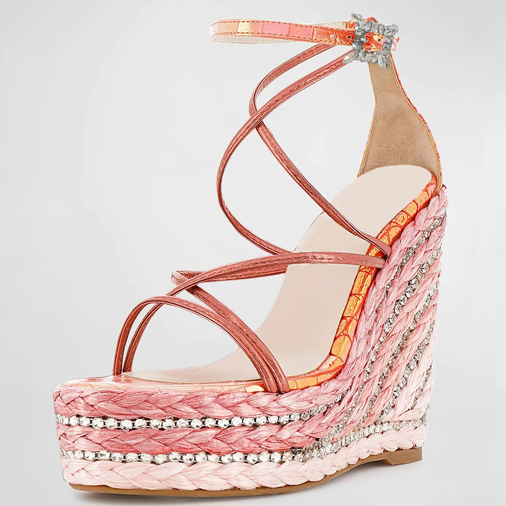 Pink Metallic  Opened Toe Strappy Platform Sandals With Wedge Heels Nicepairs