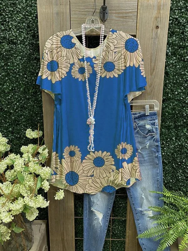Daisy Print Crew Neck Short Sleeve Cotton-Blend Shirts & Tops-Mayoulove
