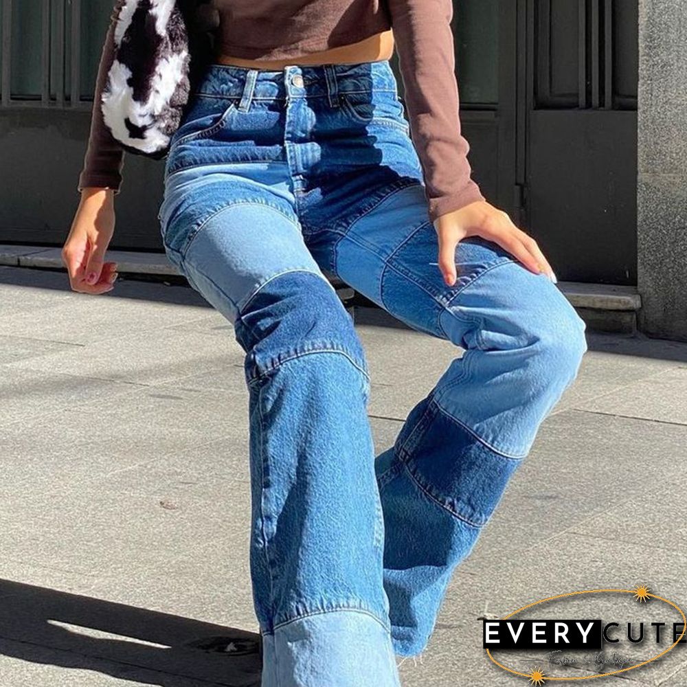 Patchwork Stitch Color Block Slim Fit Straight Leg Jeans Ripped Denim Pants