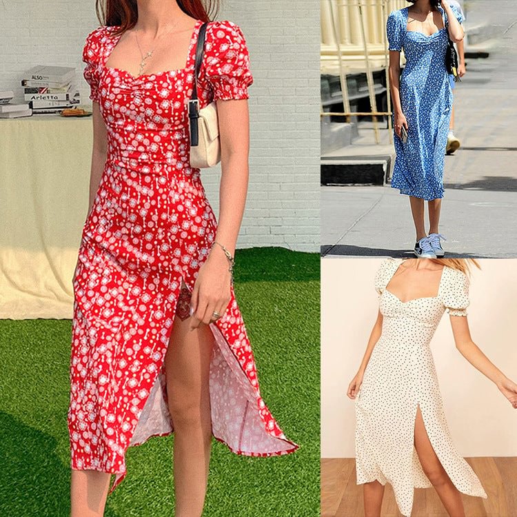 Women's Summer Sweet Puff Sleeve Square Collar Split Hip Mid-length Dress