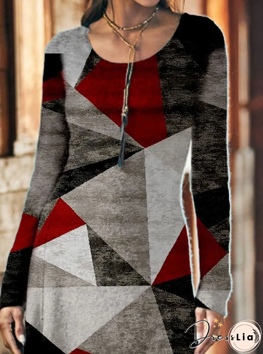 Fashion Color Block Long Sleeve Round Neck Casual Maxi Dress
