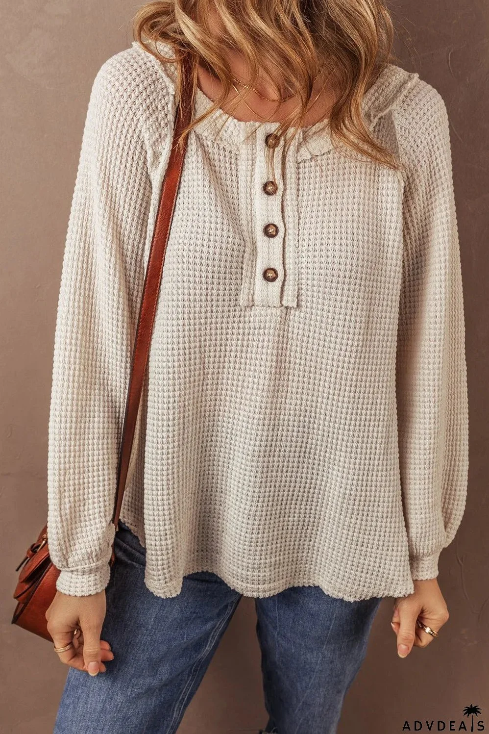 Half button waffle knit crew neck top