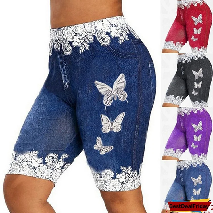 Women Fashion Skinny Butterfly Print Casual Jeggings Faux Denim Imitation Jean Shorts Pants Plus Size