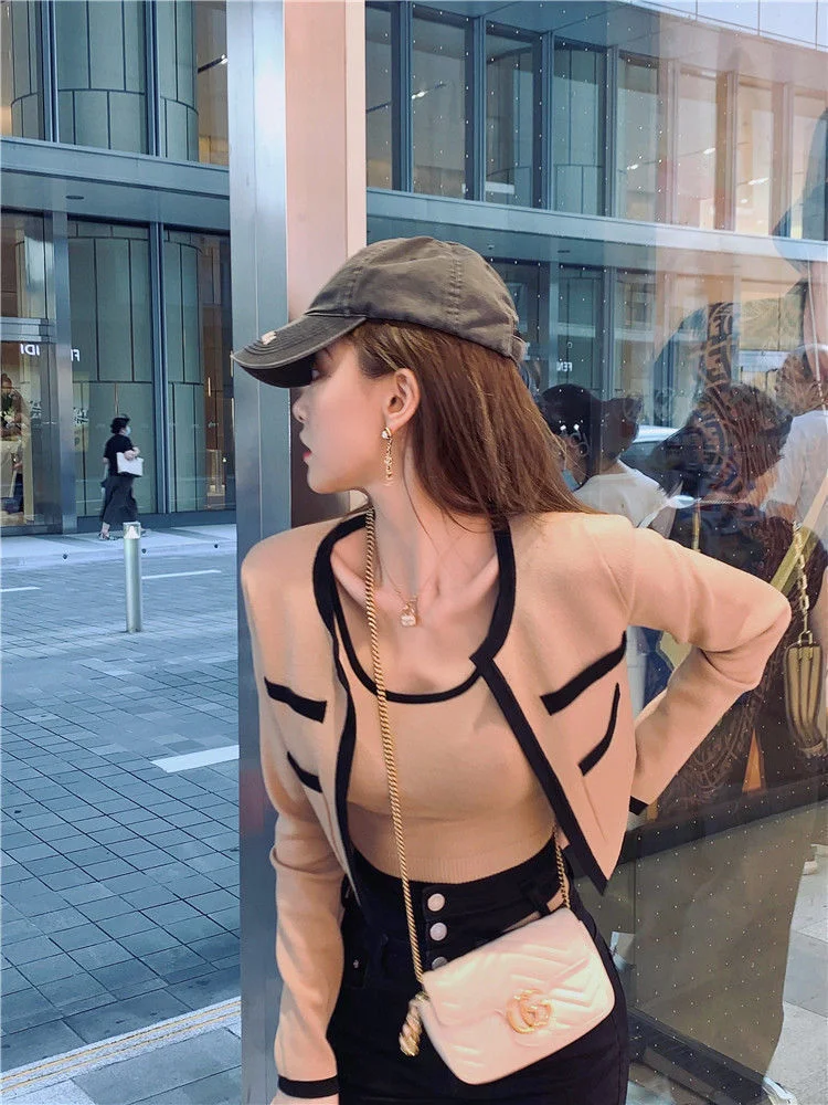 Uveng Uveng Bing Color Knitted Jersey Coat Women's Small Fragrant Summer New Sling Vest Short Top Two Sets