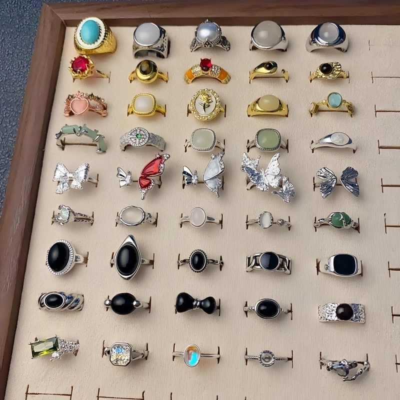 Copper Silver Plated Inlay Round Natural Stone Gem Rings