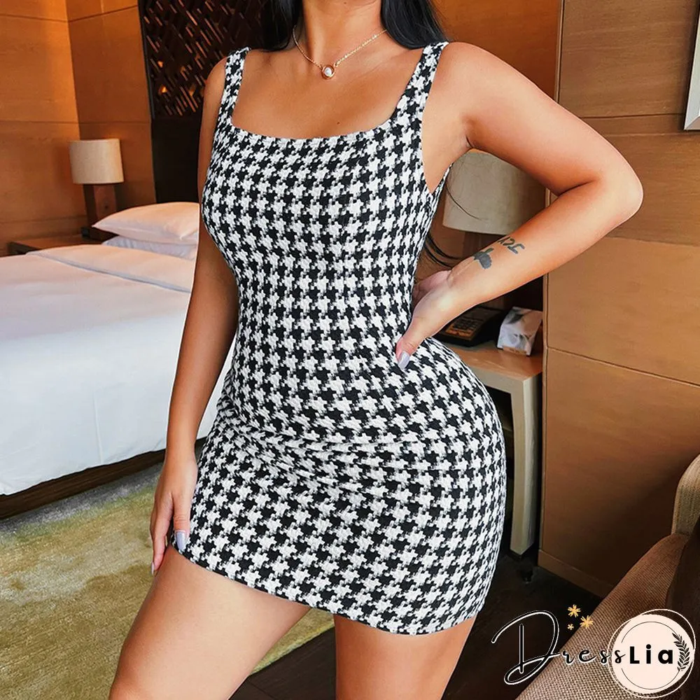 houndstooth slip dress lattice spaghetti strapA mini