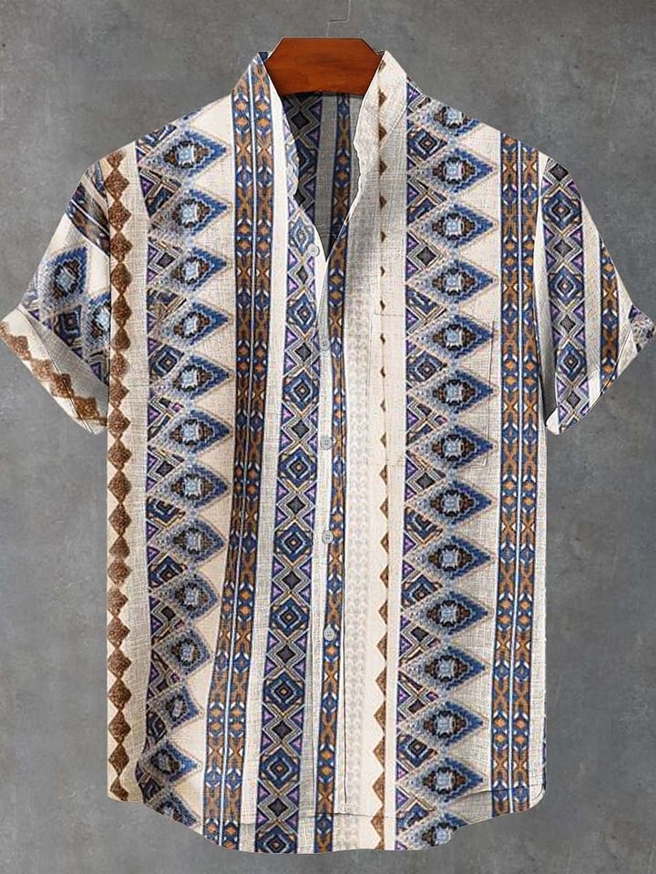 Retro Ethnic Stripes Geometric Patterns Print Casual 100% Cotton Shirt