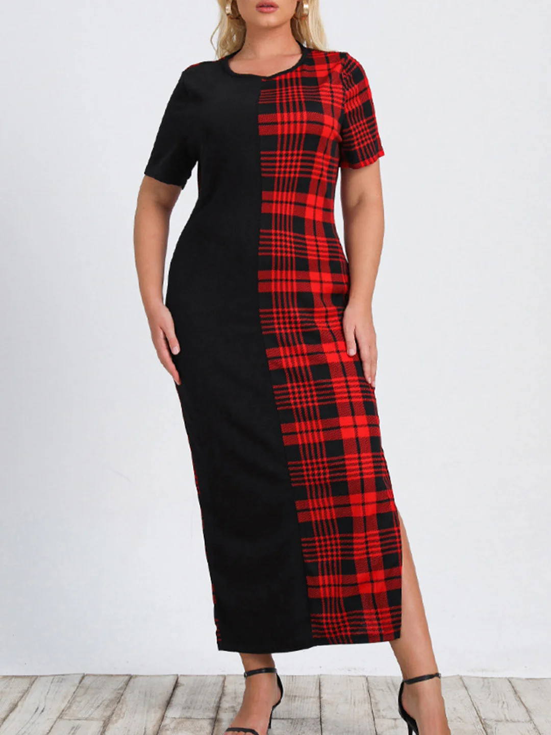 Fashion Summer Round Collar Plaid Slim-fit Dress