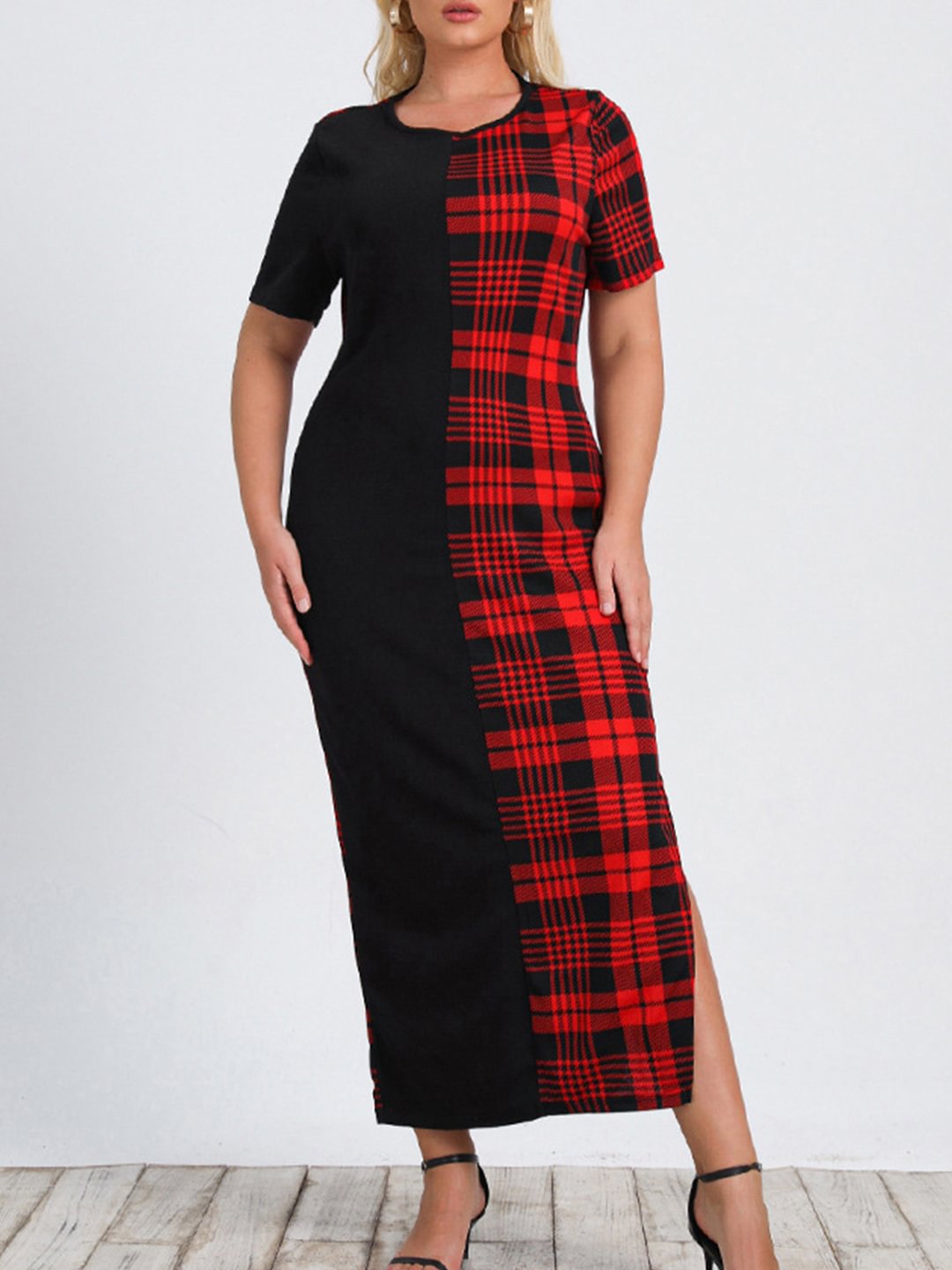 Fashion Summer Round Collar Plaid Slim-fit Dress