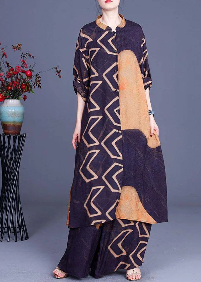 Beautiful Blue Yellow Print Button long shirts Wide Leg Two Pieces Set