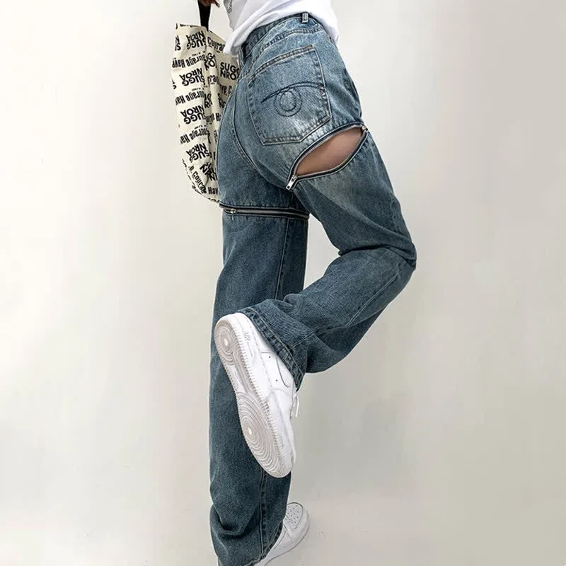 Zipper Detachable High Waist Straight Casual Denim Pants