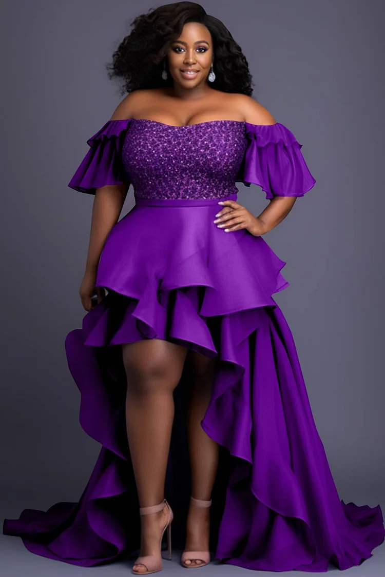 Xpluswear Design Plus Size Formal Elegant Purple Off The Shoulder Contrast Asymmetric Hem Tiered Mesh Maxi Dresses