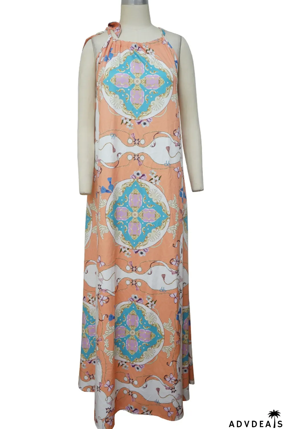 Tangerine Red Casual Print Patchwork Halter Straight Dresses