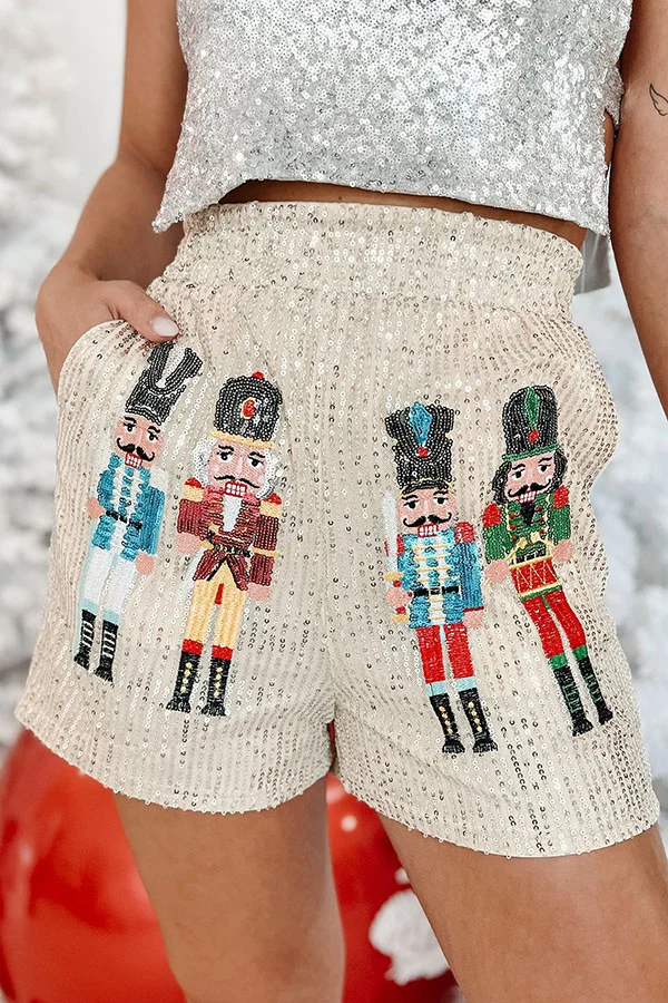 Magic of The Holidays Sequined Nutcracker Stretch Waist Pocket Shorts