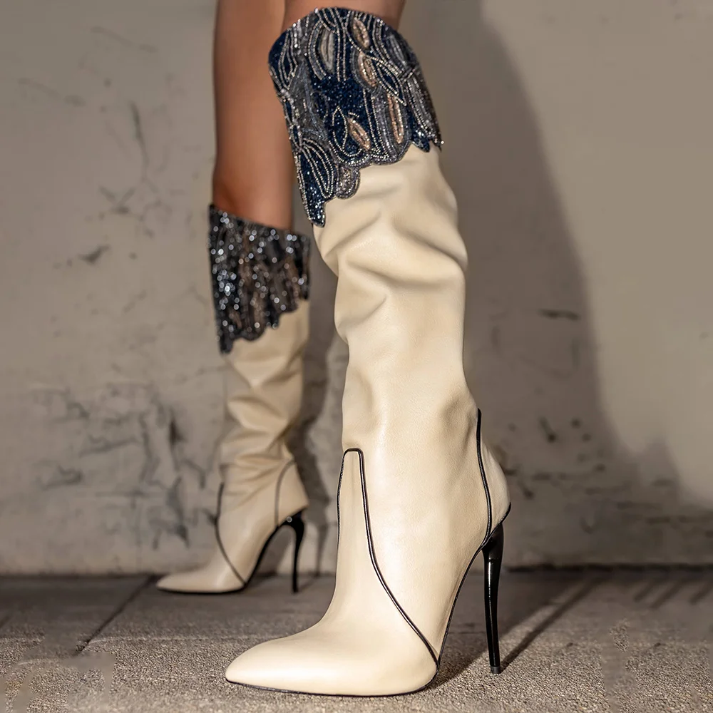 White  Closed Toe Knee High Rhinestone Winter Boots With Stiletto Heels Nicepairs