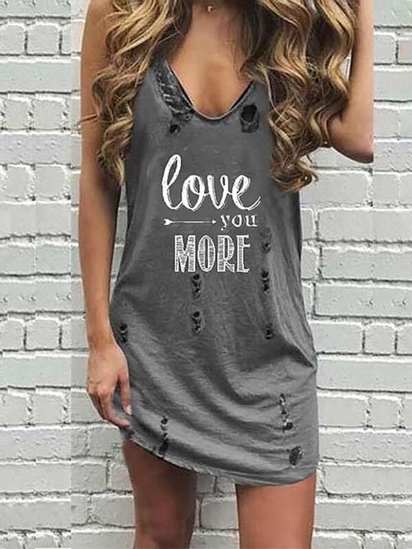 V-neck Letter Print Hollow Out Casual Dress