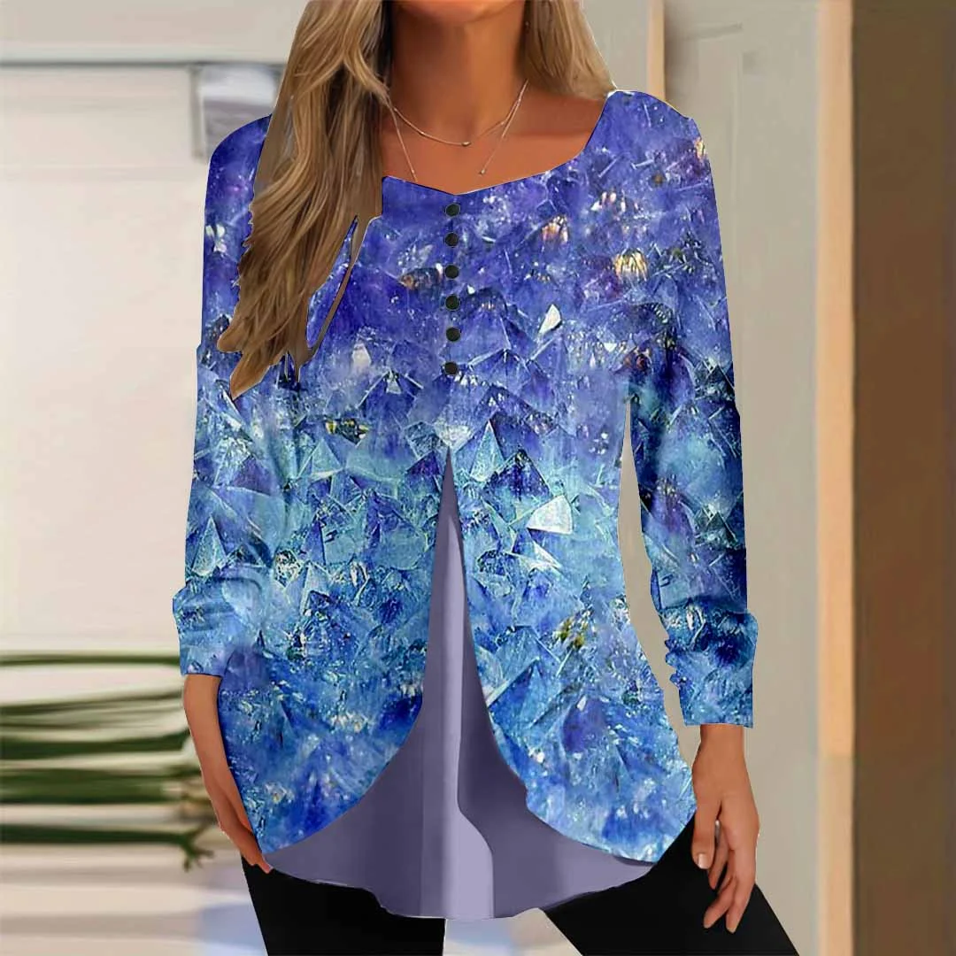 Women Graphic,Blue DZGG8378 Long Sleeve Scoop Neck Printed Graphic Button Fake 2in1 Tops
