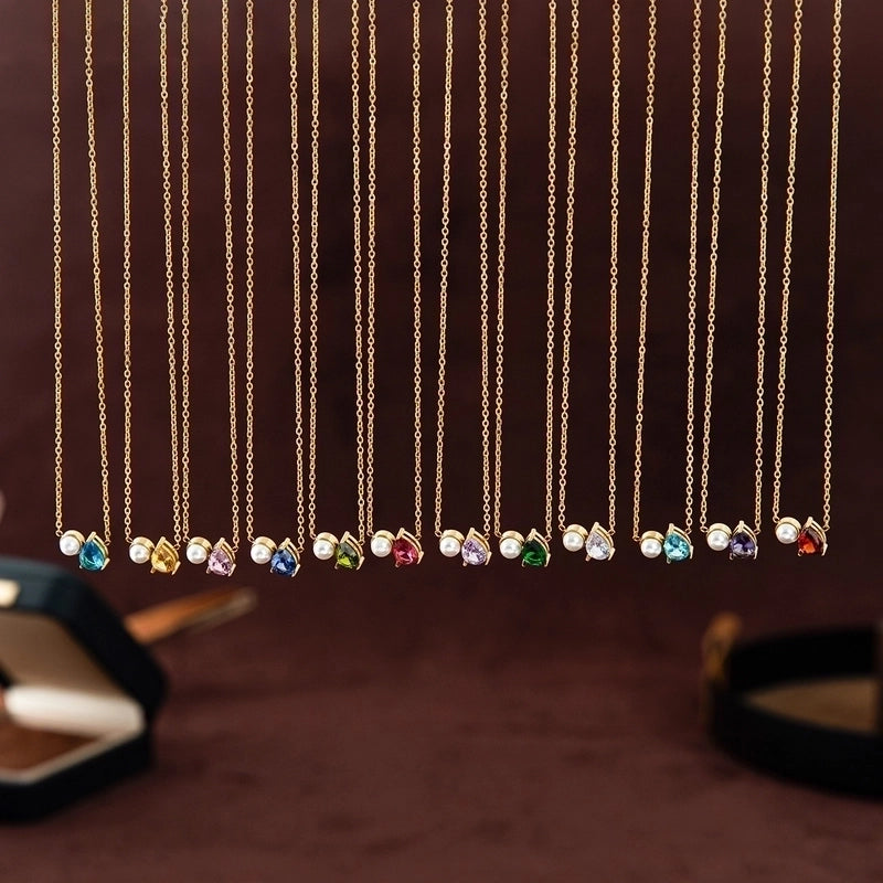 Retro Shiny Water Droplets Titanium Steel Pearl Zircon 18K Gold Plated Inlay Necklace