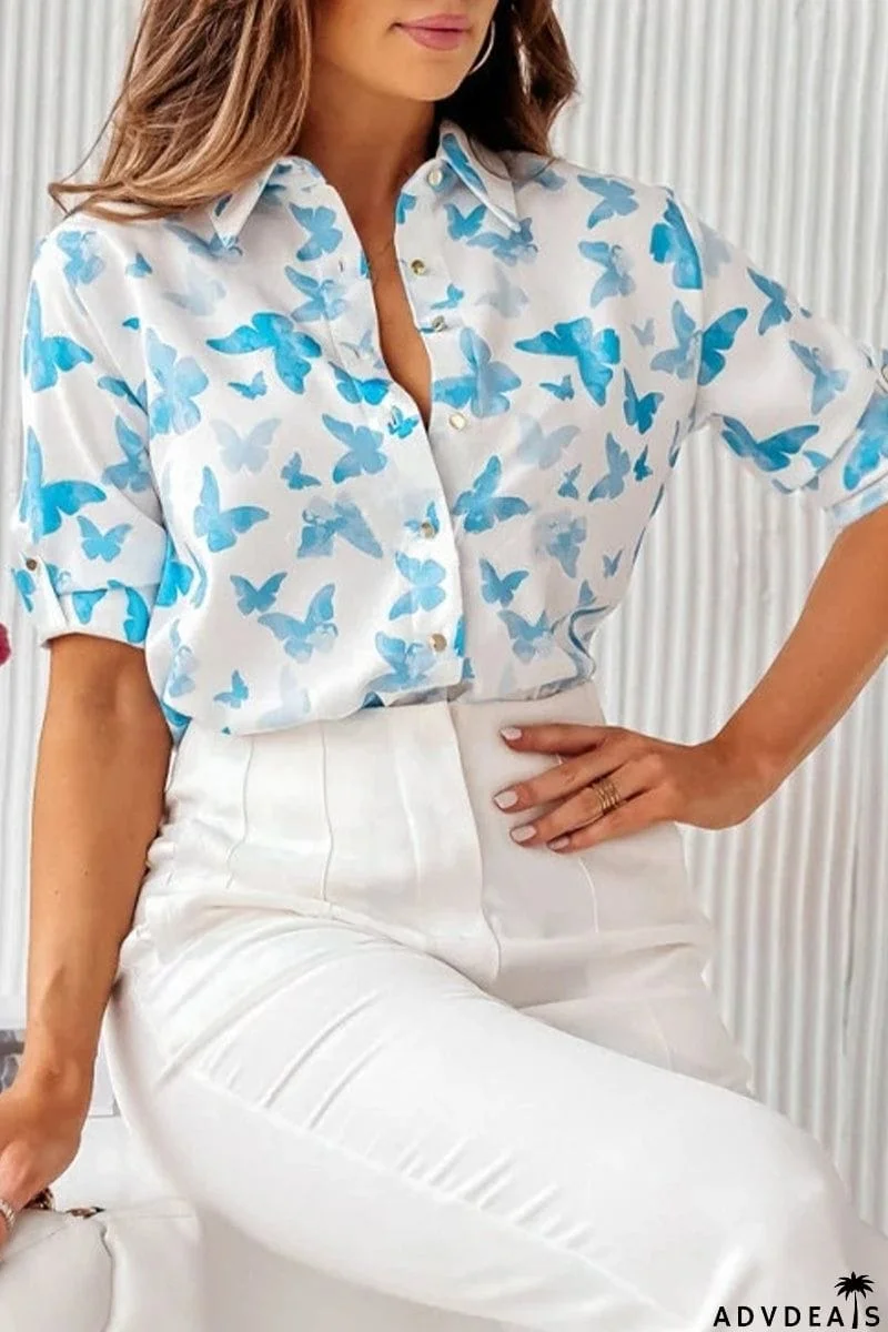 Work Elegant Print Buttons Turndown Collar Tops