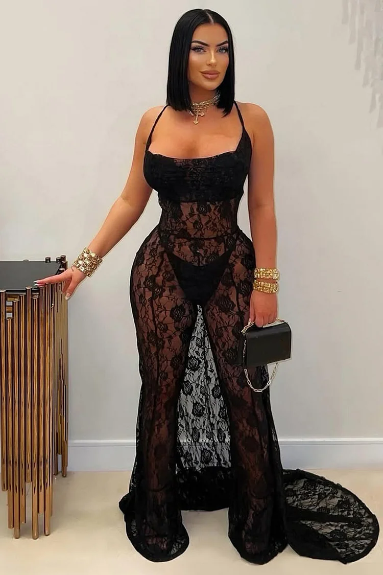Guipure Lace Halter Floor-Length Sash Party Maxi Dresses-Black