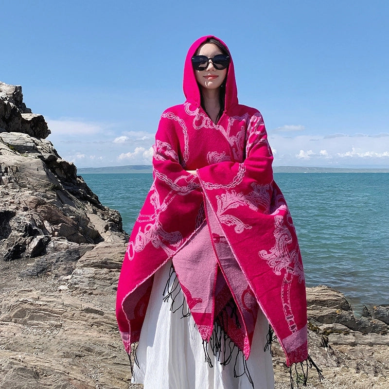 Ethnic Style Hooded Shawl Cloak Lijiang Xinjiang Tibet Northwest Tourism Wear Photograph Warm Outer Cape