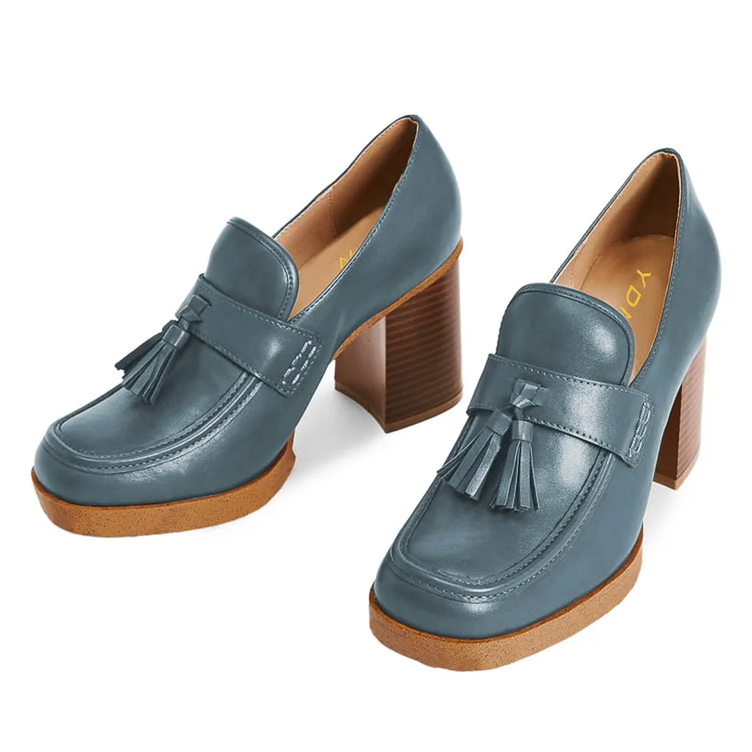 YDN Classic Blue Square Toe Chunky Heeled Loafers with Tassels