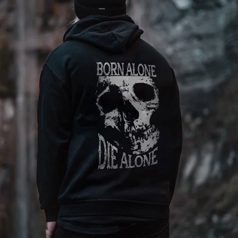 BRON ALONE DIE ALONE Skull Graphic Causal Black Print Hoodie