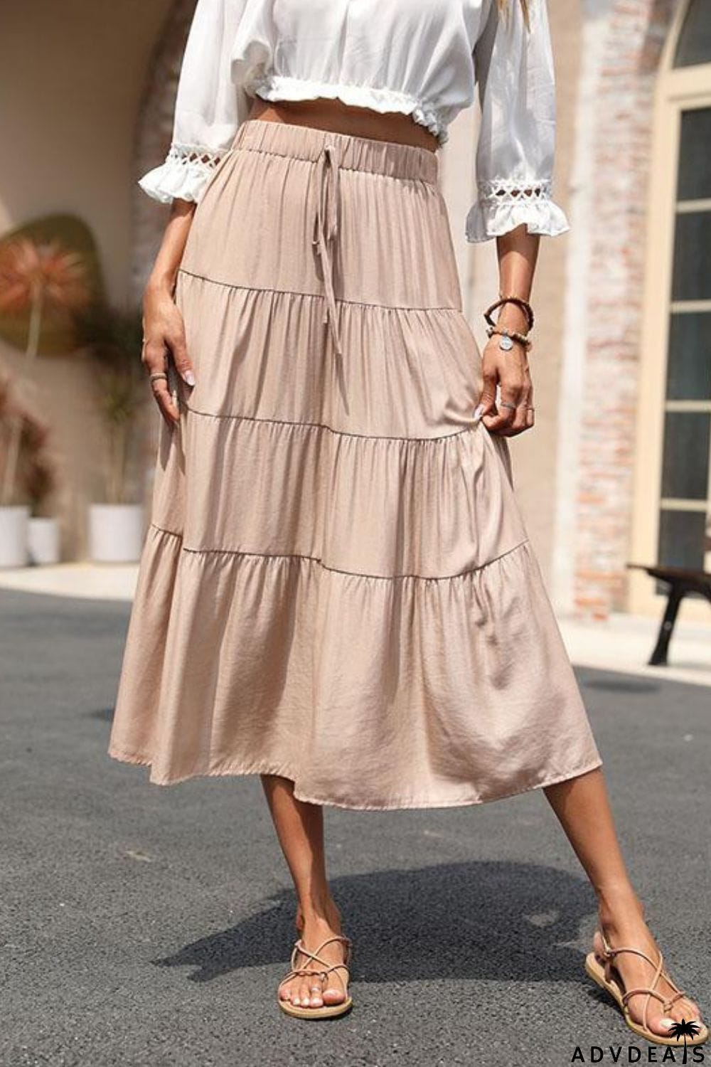 Elastic Waist Tiered Midi Skirt