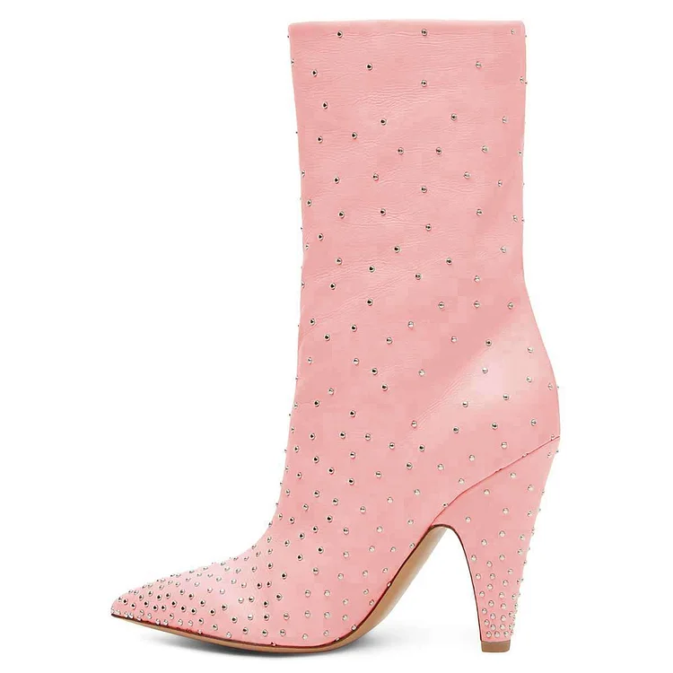 Pink Studs Cone Heel Ankle Booties |FSJ Shoes