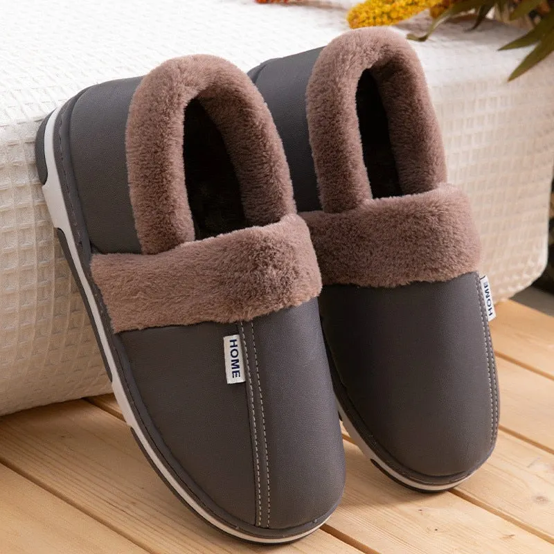 Men Shoes PU Leather Slippers Men's Indoor Home Warm Shoes Waterproof Non-Slip Cotton-Padded Solid Color Slipper Shoes