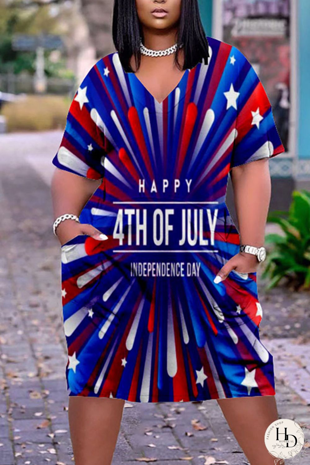 White Blue Red Casual Print Patchwork V Neck Dresses