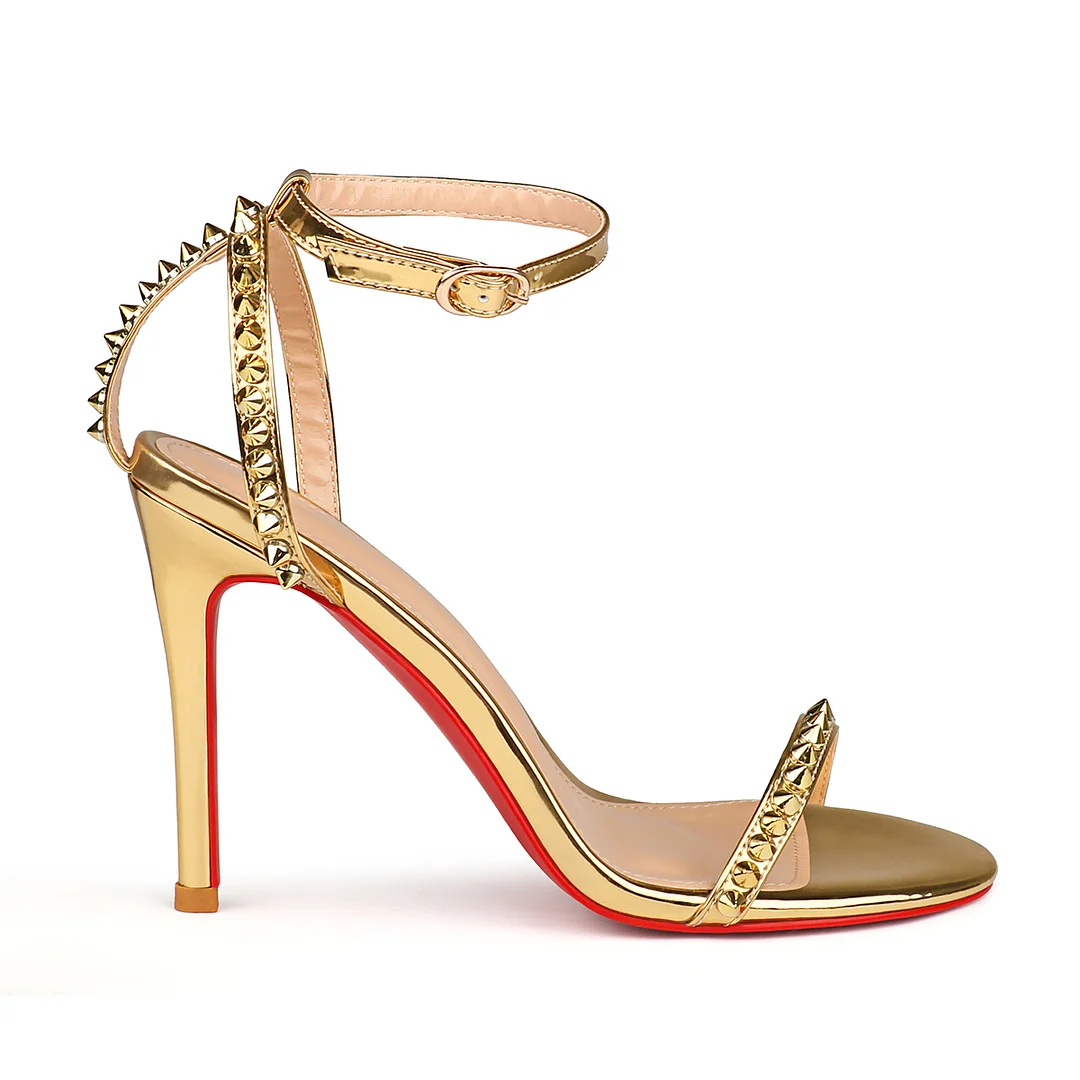100mm Women's Sandals Stiletto Red Bottom High Heels Open Toe Ankle Strap Rivet Studs Shoes-MERUMOTE