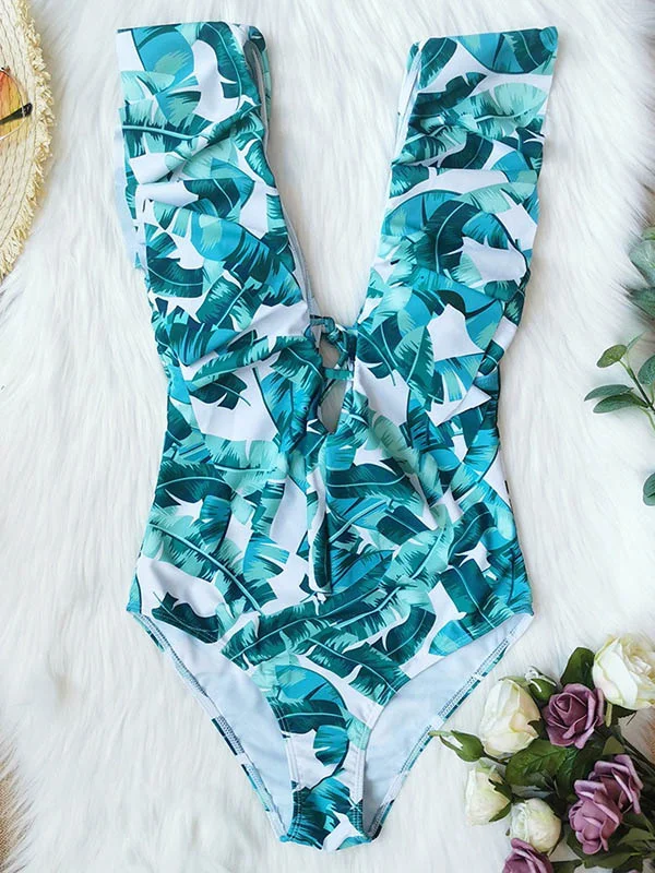Floral Printed Falbala Backless  One-Piece Swimsuit 
