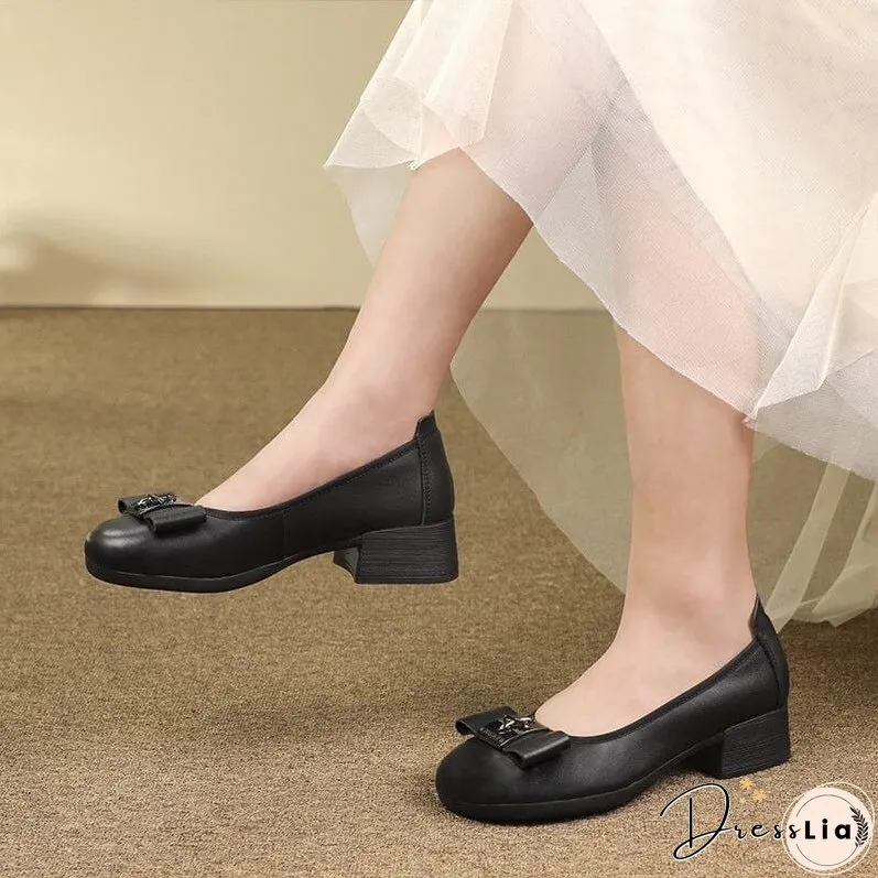 Spring Summer Retro Soft Leather Chunky Heel Loafers