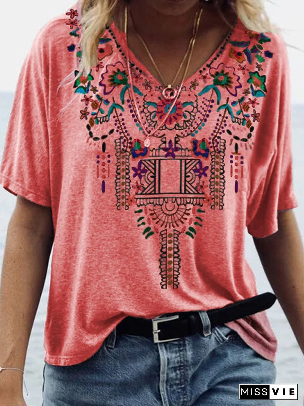 Women Boho Vintage Cotton Floral V Neck T-Shirts