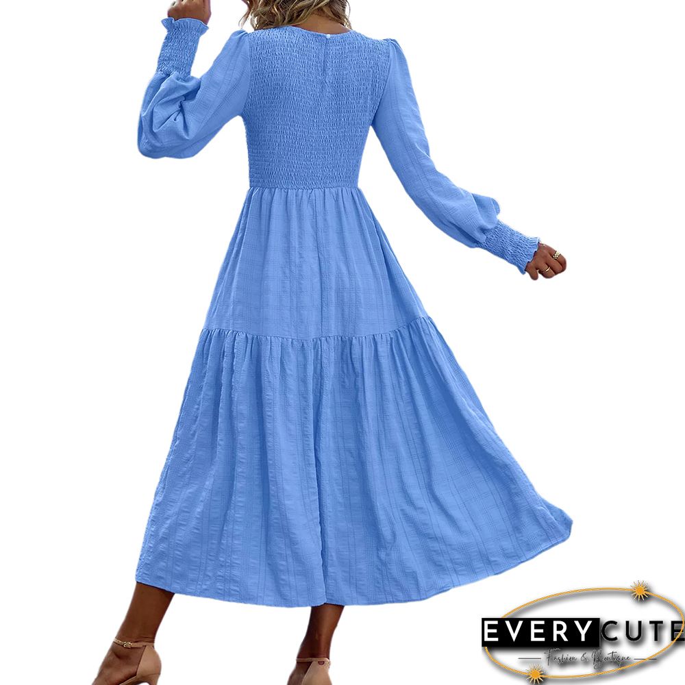 Light Blue Puff Sleeve Pleated Swing Long Dress