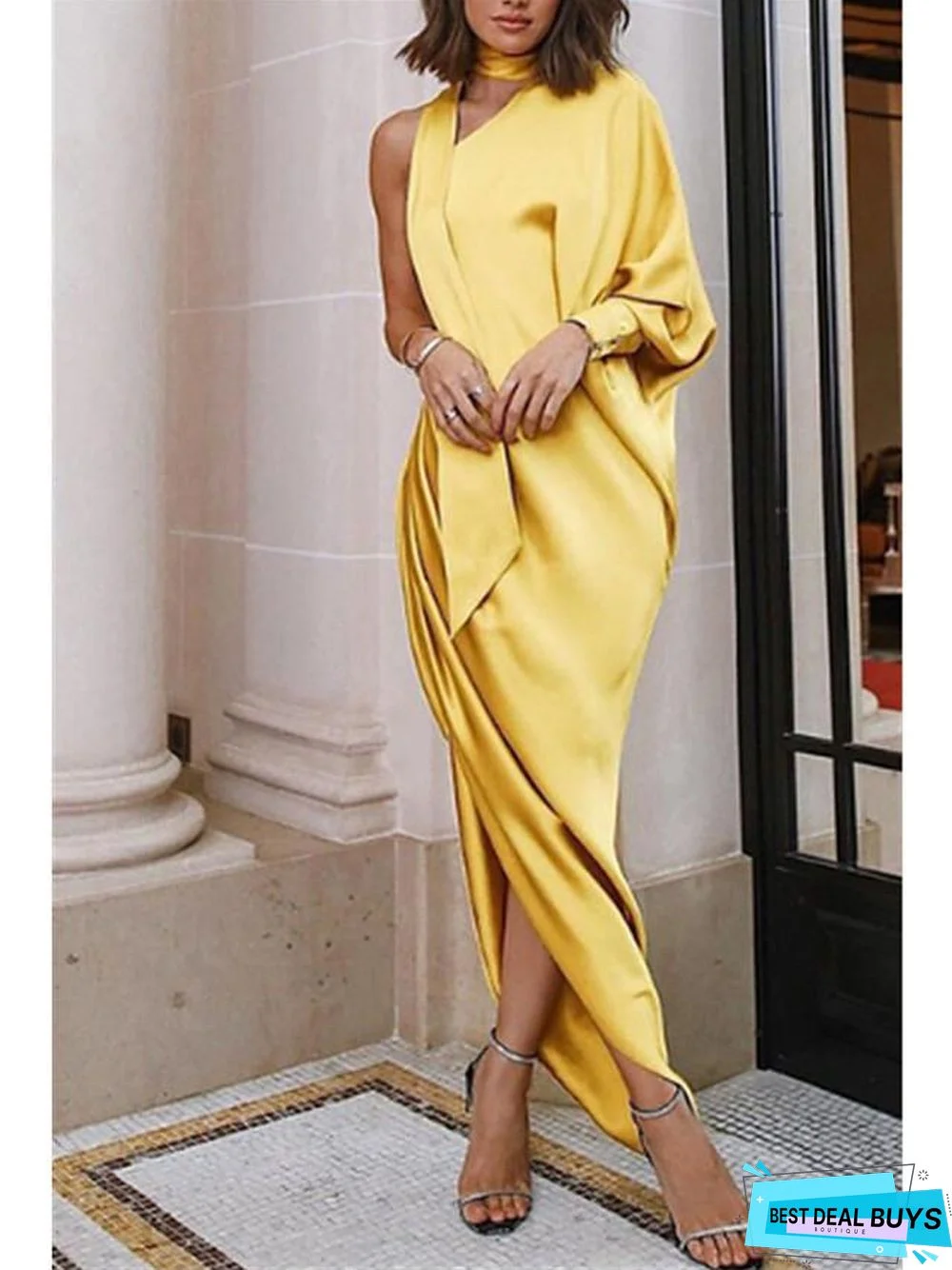 Women's Swing Dress Midi Dress Long Sleeve Solid Colored Split Ruched Ruffle Fall Winter Hot Sexy Puff Sleeve Kentucky Derby Yellow Wine Orange